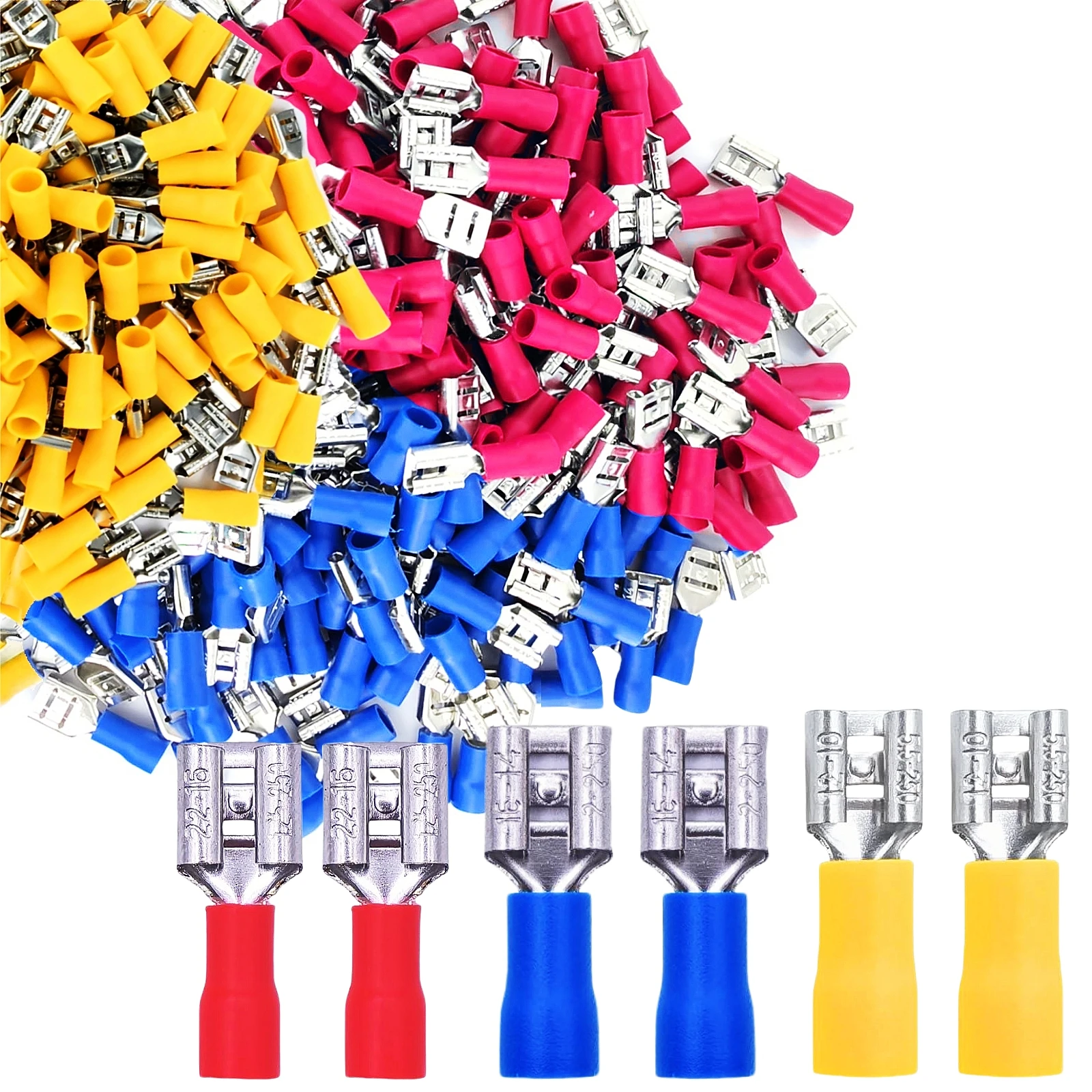 50pcs Female Vinyl Insulated Spade Connector 22-16 16-14 12-10 AWG - 6.3mm 1/4