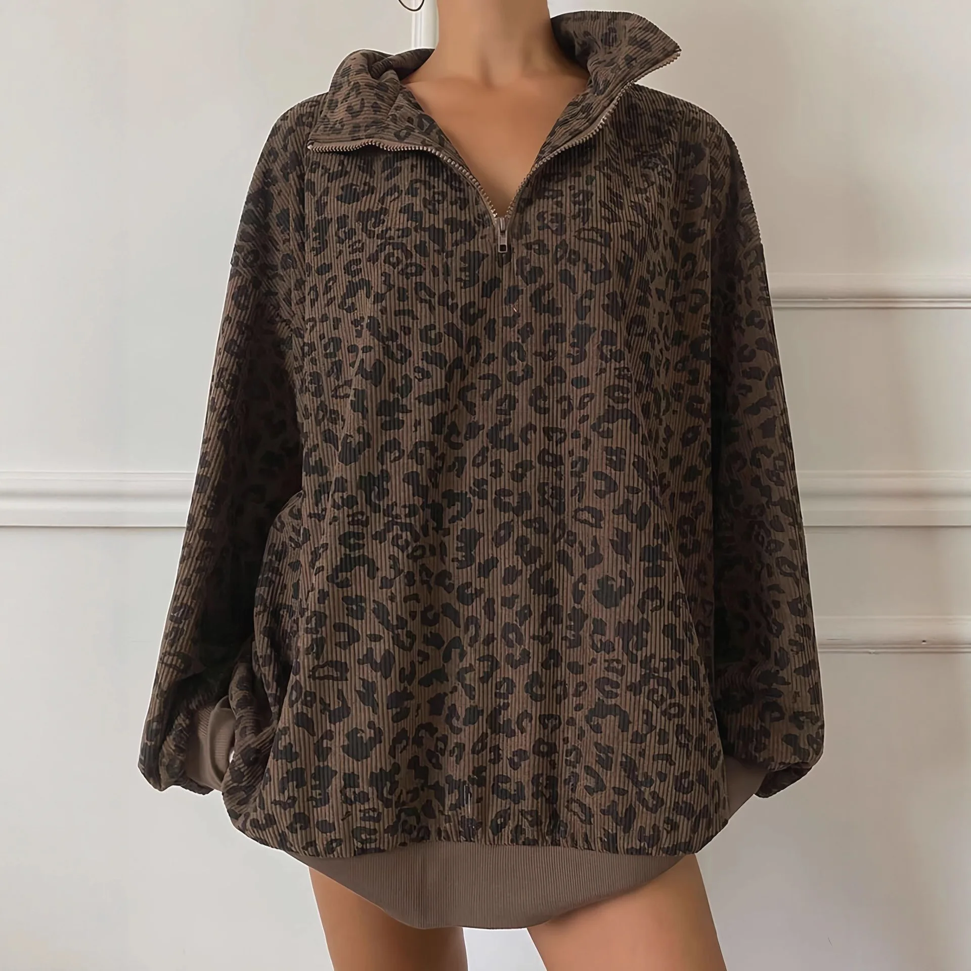 

Leopard Stand Loose Pullover Jacket Mig Long Zipper Corduroy Hoodie Autumn Stylish Women's Jackets Casual Office Lady Outerwears