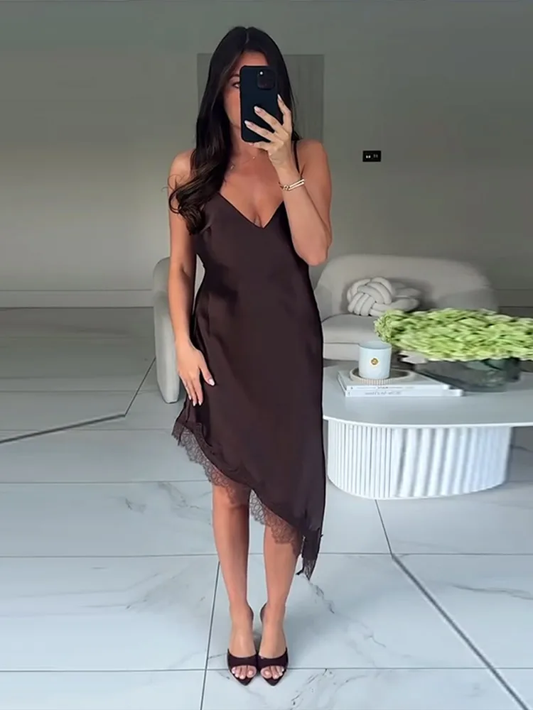 Vestidos sexis con tirantes de encaje para mujer, Vestidos irregulares con cuello en V y espalda descubierta de retazos, Vestidos ajustados de espagueti para mujer 2025