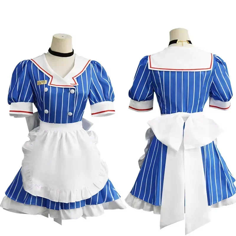 

Miku Cosplay Costumes Anime Mesmerizer Uniform Women Striped Maid Dress Hat Apron Suit Halloween Women Carnival Party Dress