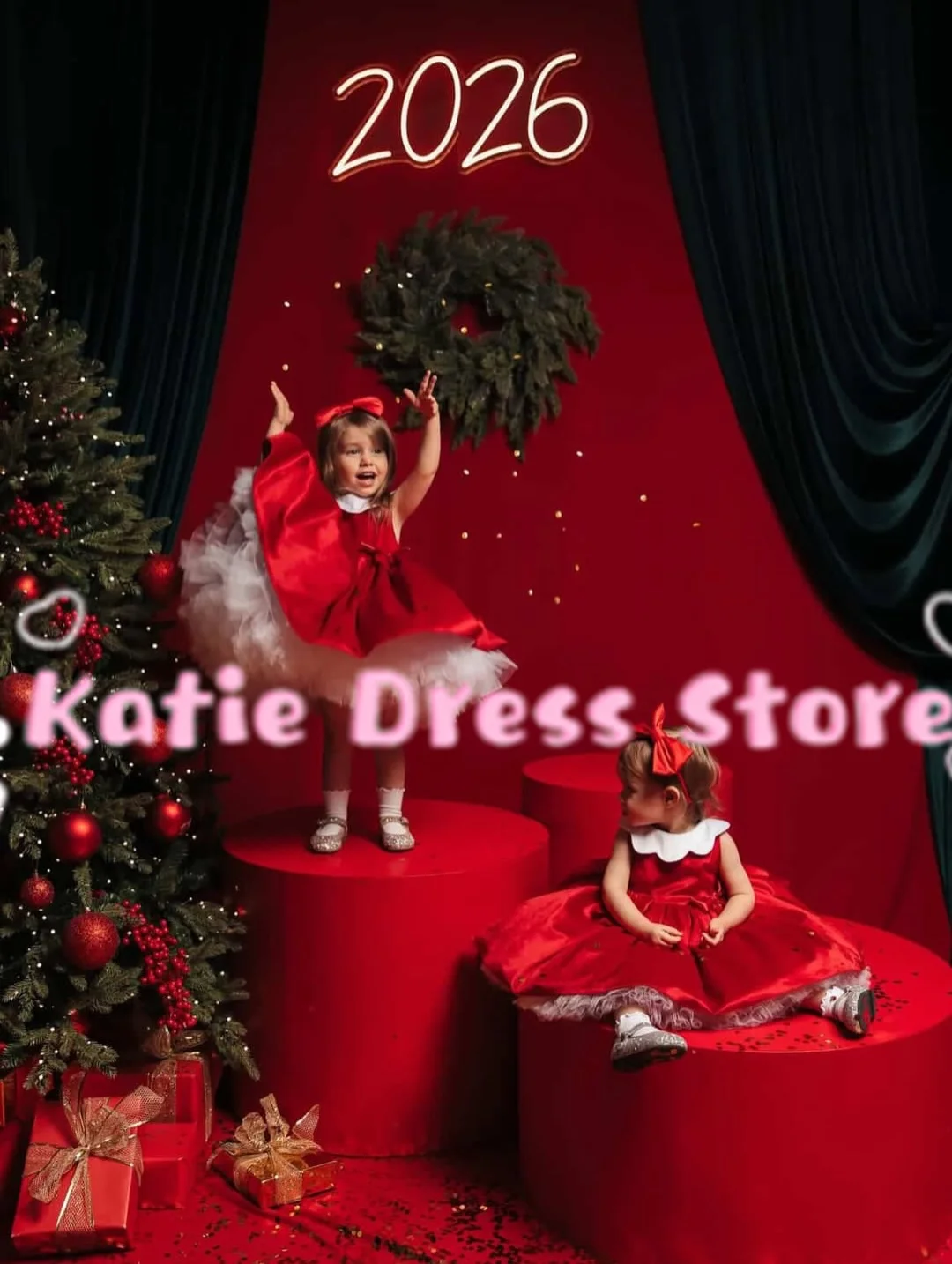 Cute Customized Red Velvet Flower Girl Dress for Wedding Tulle Puffy with Bow Kids Birthday Party First Communion Ball Gowns