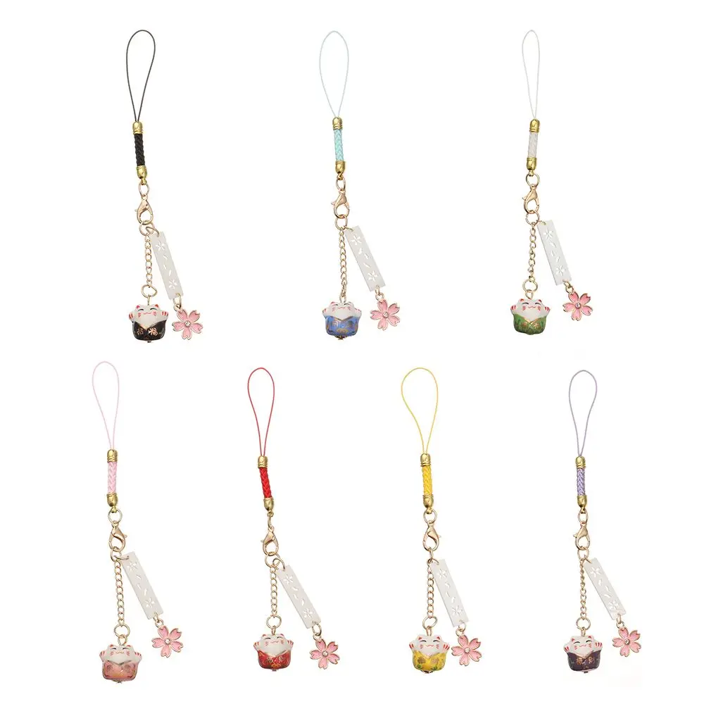 Bloesems Hangtouw Bells Lucky Cat Anti-verloren Lanyard Sleutelhanger Pols Touw Sakura Lucky Cat Telefoon Lanyard Telefoonriem Lanyard
