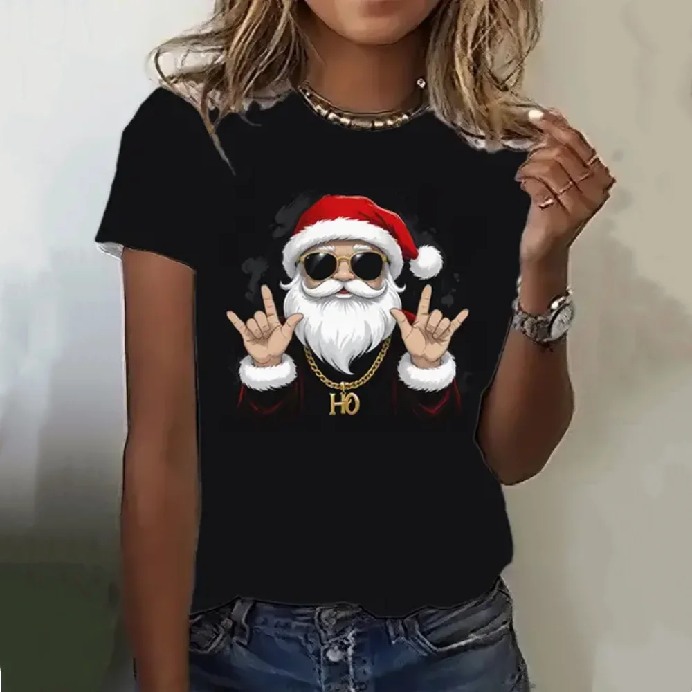 Camiseta con estampado de Papá Noel para mujer, ropa de calle Harajuku de Navidad, Top de manga corta con cuello redondo, regalo de Año Nuevo, camisetas de gran tamaño