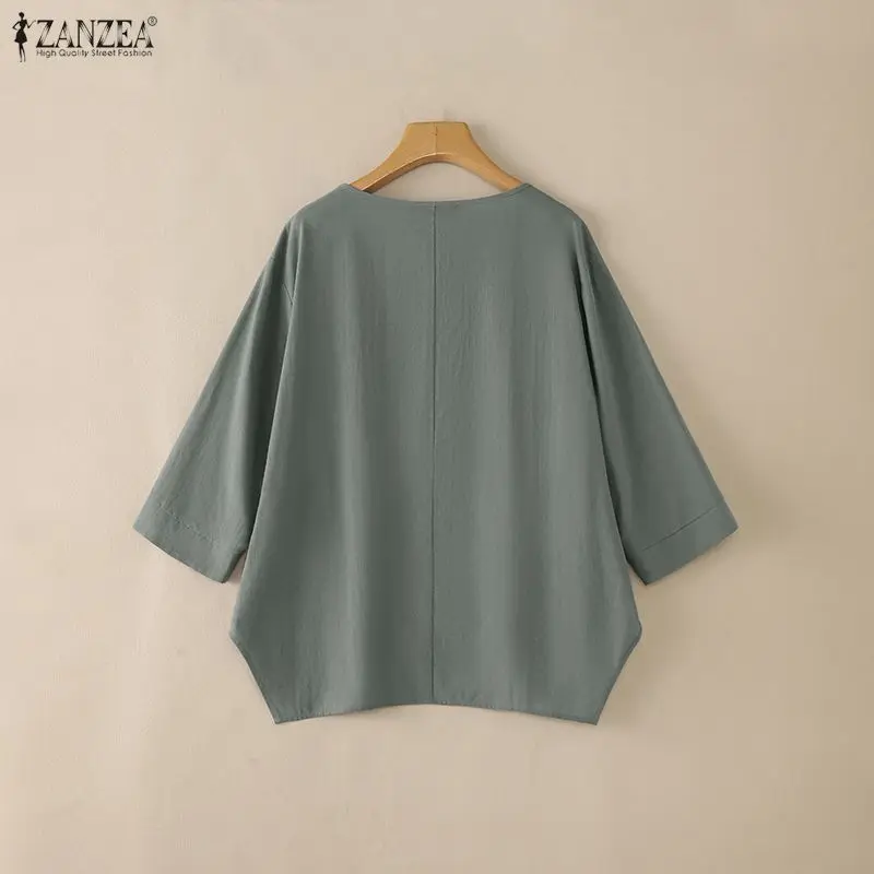ZANZEA Lässige Baumwoll-Bluse für Damen mit 3/4-Armel, O-Ausschnitt, einfarbigem Hemd, asymmetrischem Saum, locker geschnitten, übergroße Urlaubstunika, Größe 3XL – Detail 7