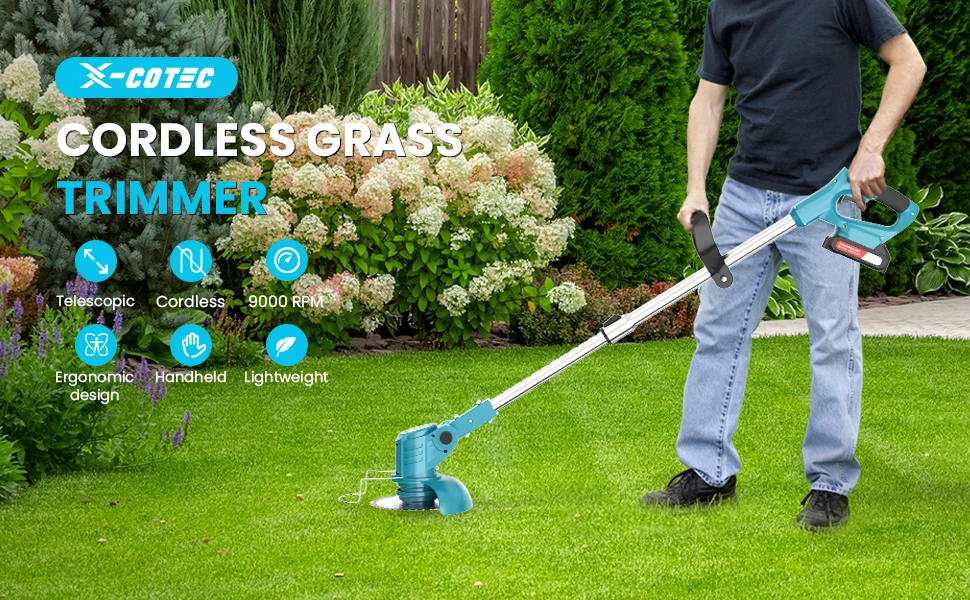 X-COTEC Rasentrimmer, 21V, 2 x 1,5A Akkus und Ladegerät, drehbarer Motorkopf, Blumenschutz, einziehbarer Griff, 0,9kg handgeführt und leicht, zum Mähen von Rasen, Garten und zum Entfernen von Unkraut – Detail 2
