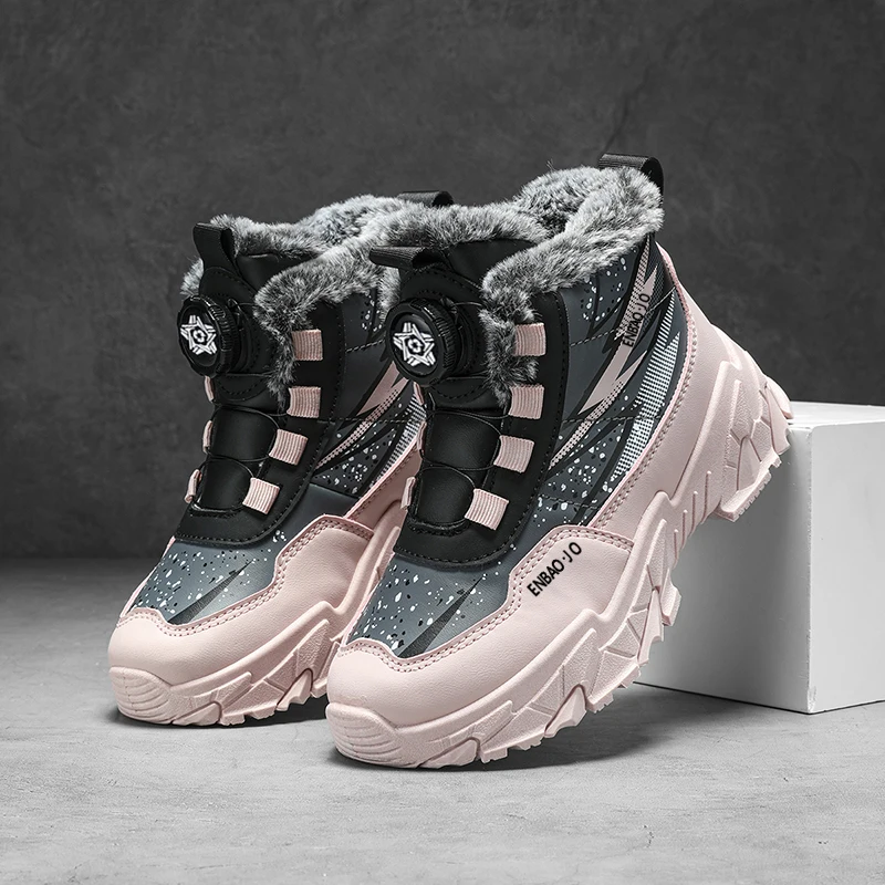 Stivali da neve con fibbia rotante Scarpe da ginnastica alte invernali per ragazza Scarpe da ginnastica alte per bambini Stivali da esterno antiscivolo più in velluto Stivali caldi in cotone per bambini