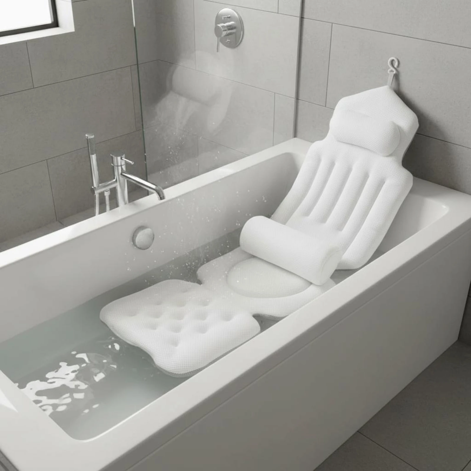 Bathtub Support Mat Hanging Loop Full Body Bath Pillow Bath Tub Headrest Contoured Bathtub Cushion Thick