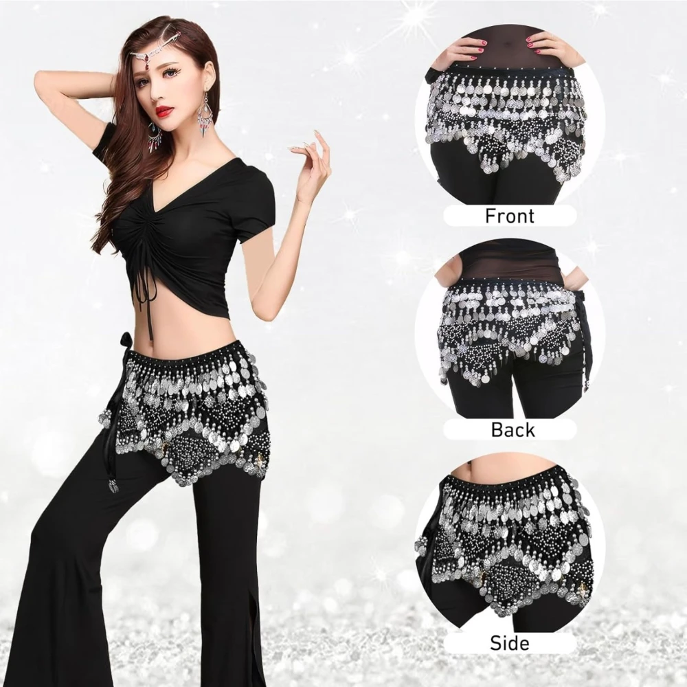 

Belly Dance Hip Scarf Women Silver Coin Waist Chain Skirt Sequin Tassel Wrap Belt for Belly Dancing Performance Costume