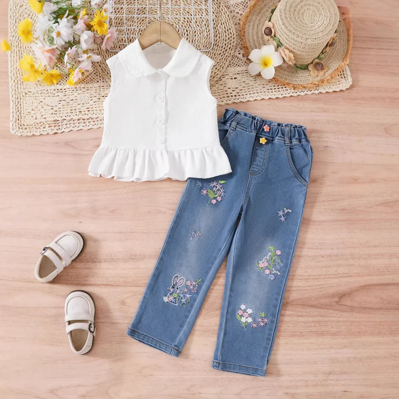 Girls' Denim Jeans Set2026New Spring/Summer Fashionable Two-Piece Set for Baby Girls: Stylish Shirt and Casual Pants