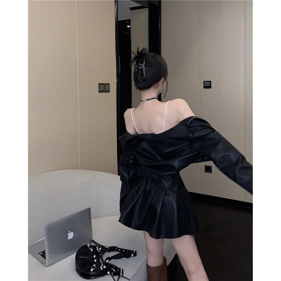 Korean Elegant Leather Two Piece Set Women Belt Streetwear Pleated Mini Dress Set Female Patchwork Design Vintage Suit 2024 New