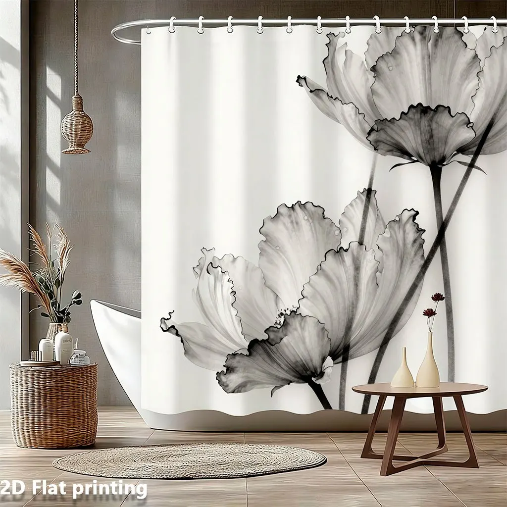 モノクロの花柄シャワーカーテン-–-2dフラットプリント、白い背景に大きな白黒のケシの花、ポリエステル、12個のグロメット
