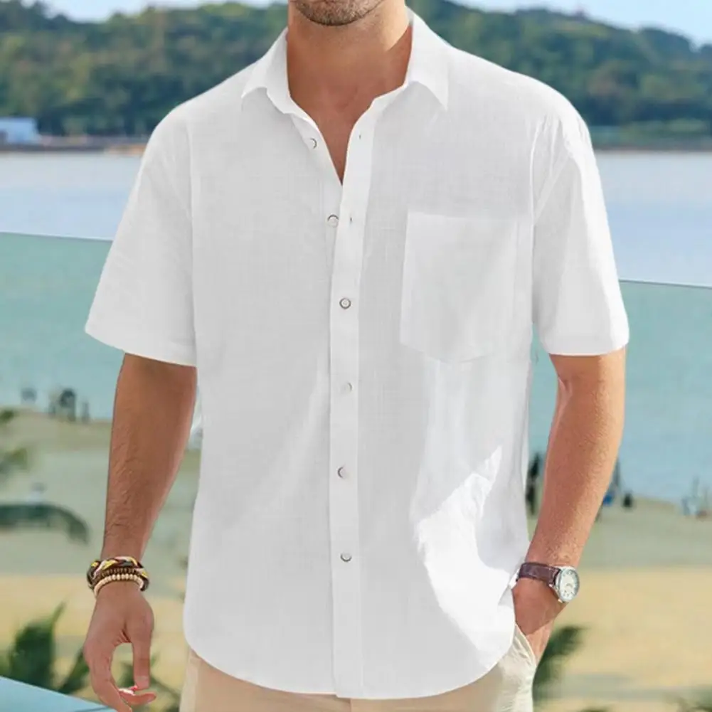 Men Button-down Shirt Stylish Men's Lapel Collar Summer Shirt for Business Casual Wear Solid Color Button-up with Short Sleeves