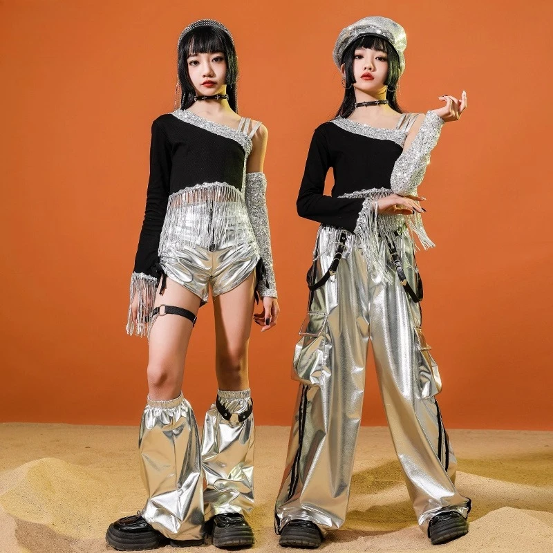 Customized Jazz Dance Suit for Girls with Exposed Navel Black Silver Suspender Suit Runway Children's Street Performance Costume