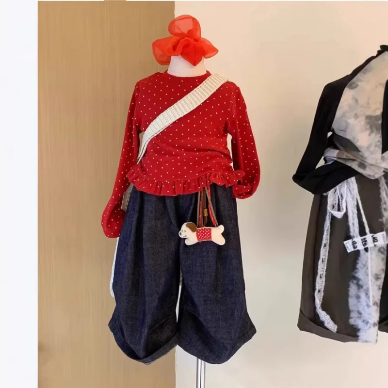 

Girls Suit2026New Spring Fashionable Red Polka Dot Long Sleeve Dress for GirlsTT-shirt, jeans, wide-leg pants