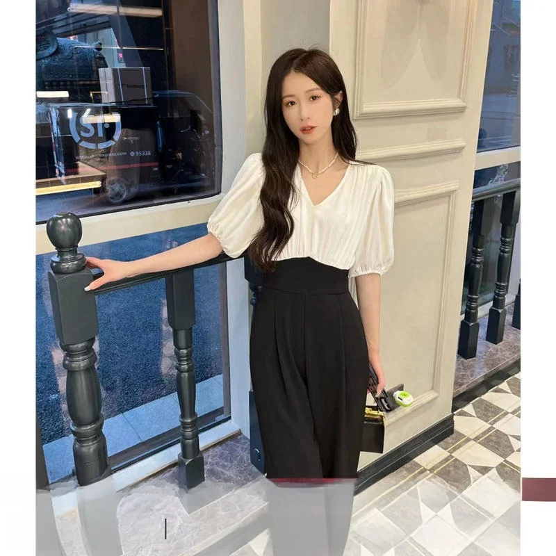 

Elegant High-Waisted Wide-Leg One-Piece Pants Women's Summer 2026 High-End Feel Color Collision Personality Fashionable Suit