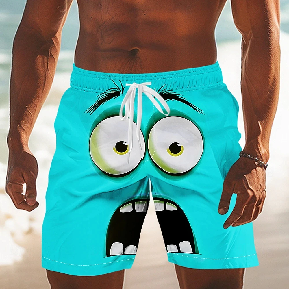 Funny Cartoon Panic Emoji Graphic Shorts 2025 Casual Daily Men's Shorts Pockets Breathable Quick Drying Drawstring Sports Shorts