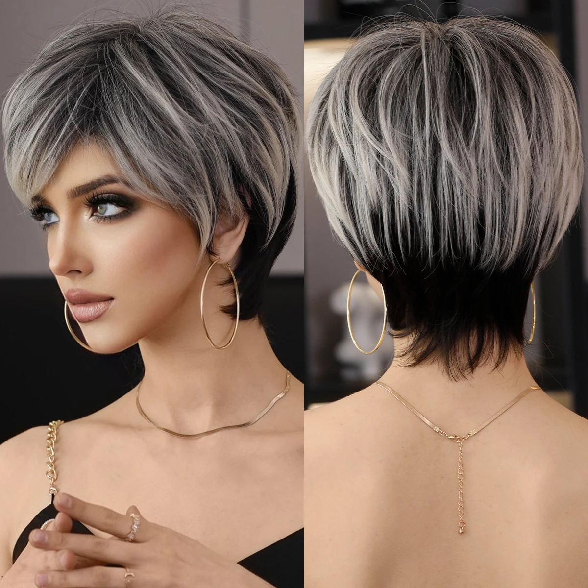 7JHH WIGS Ombre Black Blonde Bob Wig for Women Daily Party Synthetic Straight Short Hair Wig with Fluffy Bangs Pixie Cut Wigs