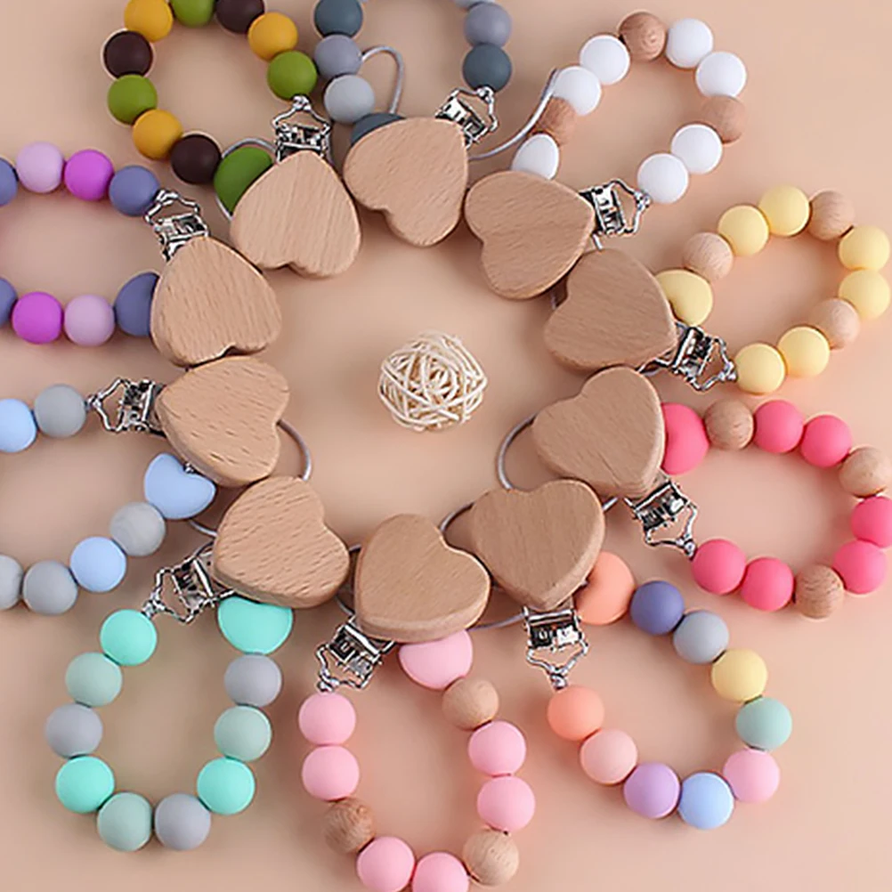 

Pacifier Chain Clip Wood Bead Baby Stroller Pendant Infant Teething Holder Silicone