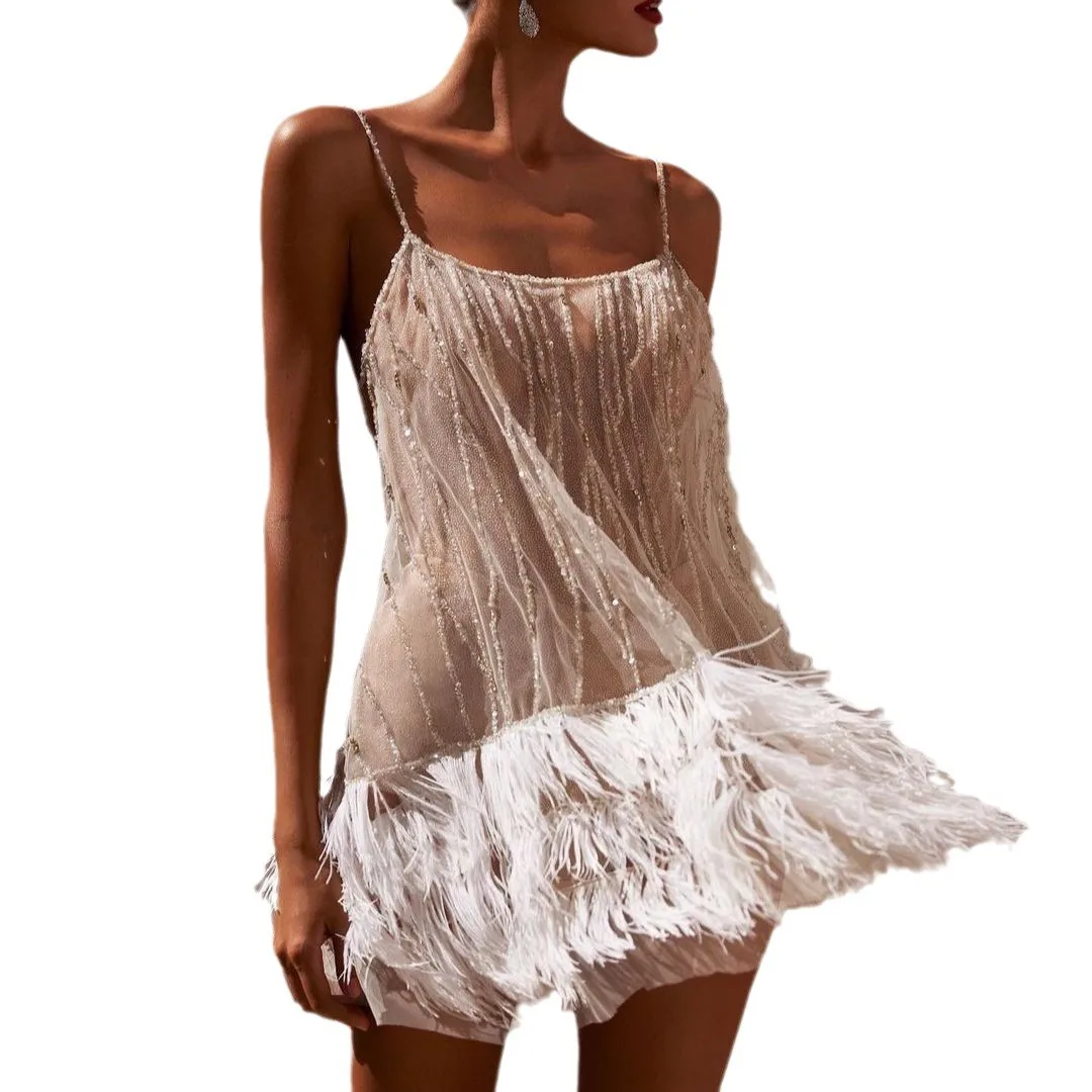 Fringe Feathers Gown Midi Waist Private Celebrity Style with Summer Party Dress Patchwork Date Daily Dance Sexy for Women