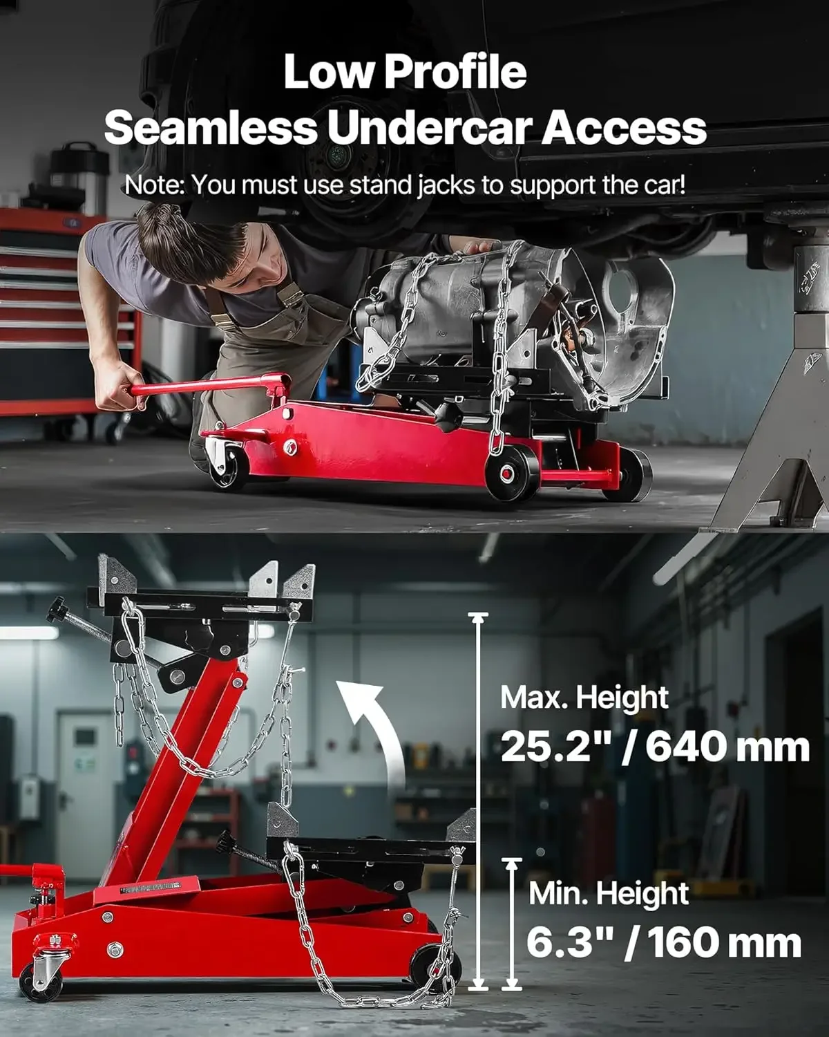 Adjustable Floor Transmission Jack 1000 LBS Low Profile Hydraulic Transmission Telescoping Heavy-Duty Lift Jack 6.3-25.2 in Lift