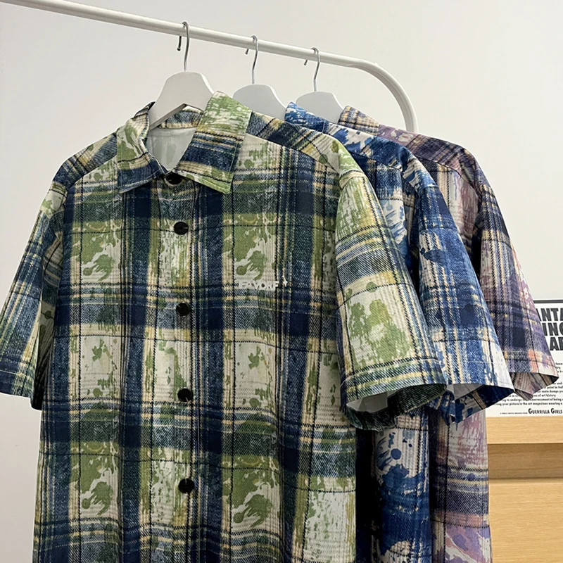 

Plaid Ice Feel Tie Dye Short Sleeve Shirt Men Women Casual Loose Plus Size Shirt Thin Fabtic Pink Blue Green Clothes