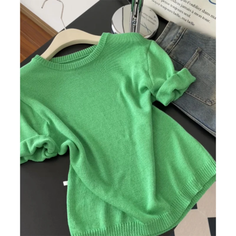 

2025 Summer New Women's Loose Slimming ort Sve round Ne Knitted Top Casual Versatile Sli Korean Sle Fiber Material