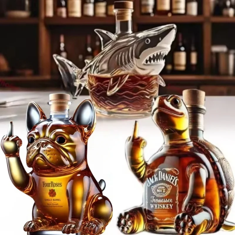 Botella de whisky de tiburón divertida, decantador de cristal de whisky de tortuga de dedo medio, decoración del hogar, botella de vino de Animal, estatua, juguete de colección