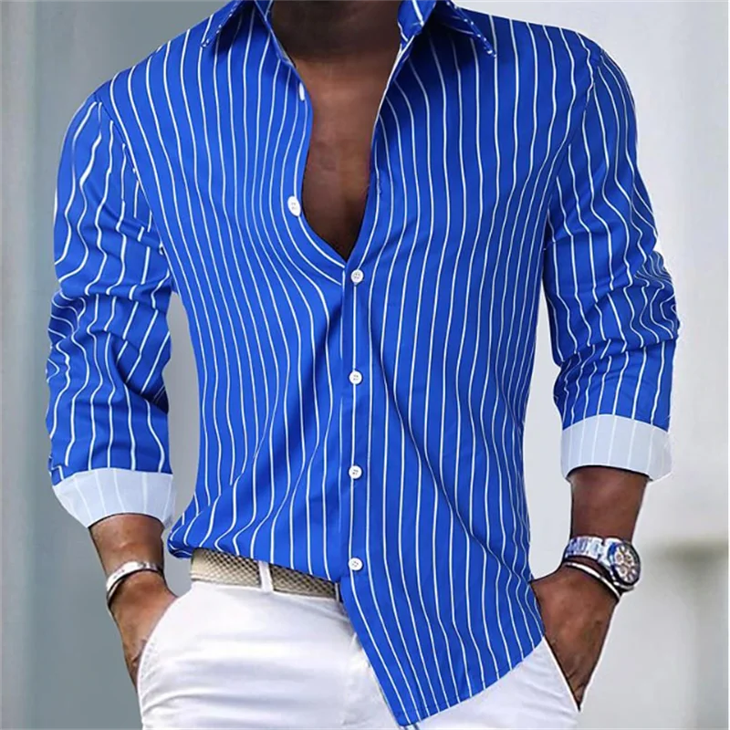 Men's casual outdoor striped plaid soft and comfortable material street outdoor men's suit lapel shirt 2024 plus size