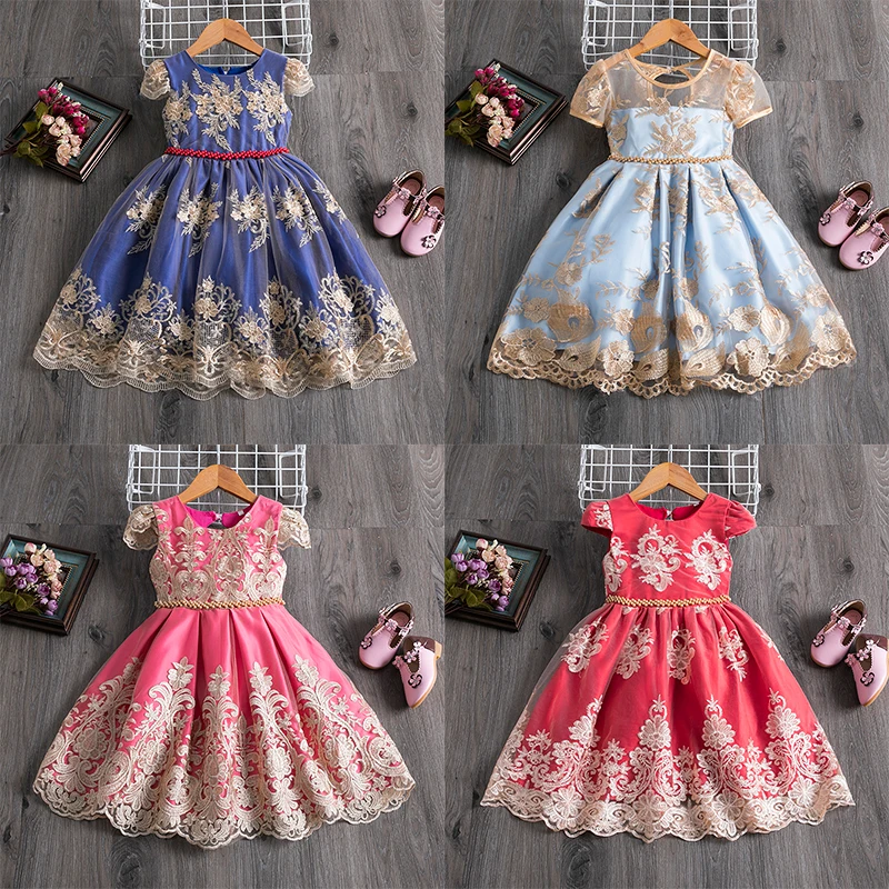 Birthday Party Princess Dress For 4-10 Years Girls Bow Lace Sleeve Flower Ball Gown For Children Backless Knee-Length Costume