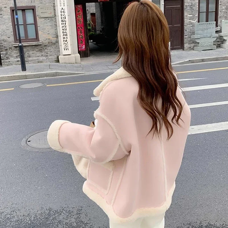 Faux Fur Jacket Women Street Casual Standneck Thicken Korean Warm Coat Female Winter Solid Chic Plush  Loose Outwears Lady