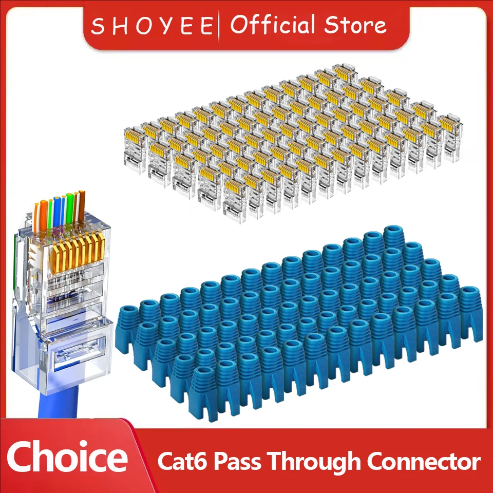 

RJ45 Connector CAT6 Pass Through Connectors Crystal End Gold-Plated 8P8C UTP Protective Case Ethernet Network Modular Plug