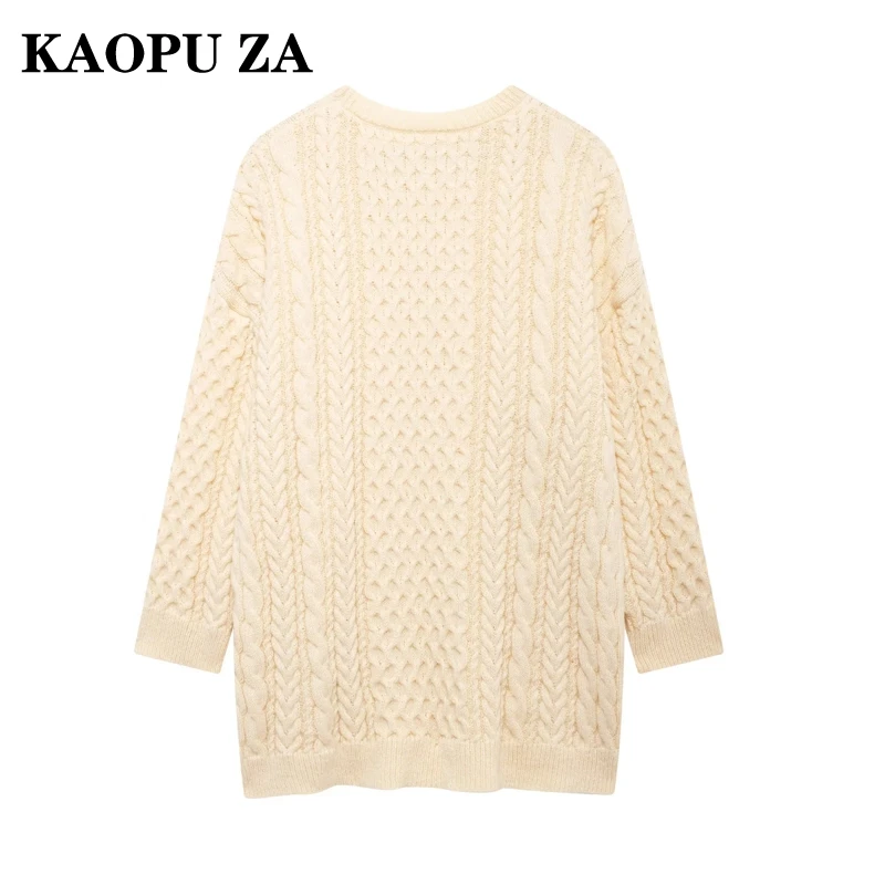 KAOPU ZA Woman's 2024 Autumn/Winter Vintage O-Collar Screw Thread Sweater Female Casual Knit Solid Color Long Sleeve Jumper Top