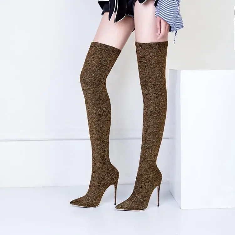 Arden Furtado 2025 Elastic cloth Over the knee boots Pointed toe Slip-on Stilettos heels Skinny boots Extra large size boots