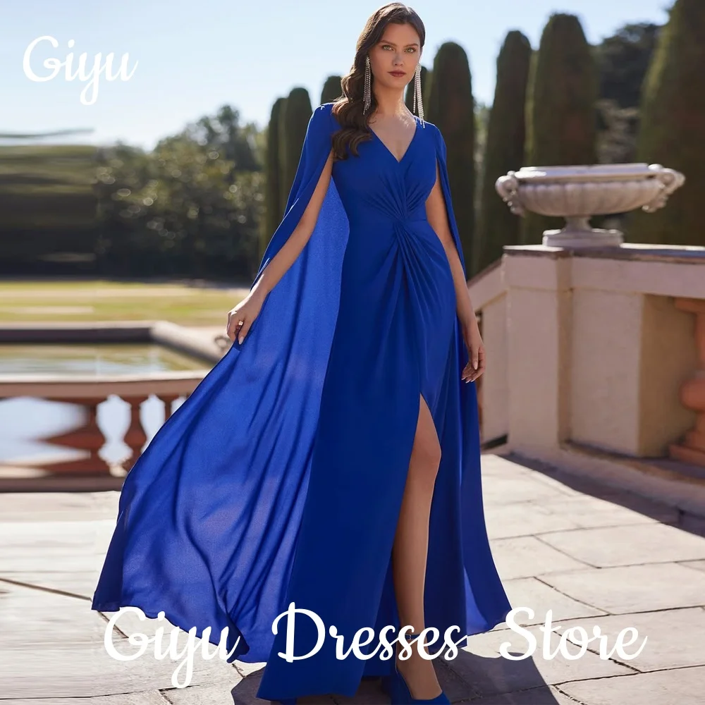 

Giyu Royal Blue Evening Dresses Saudi Arabic Dubai V-Neck High Slit Pleat Chiffon Prom Gown Formal Party Dresses Customsied 2025