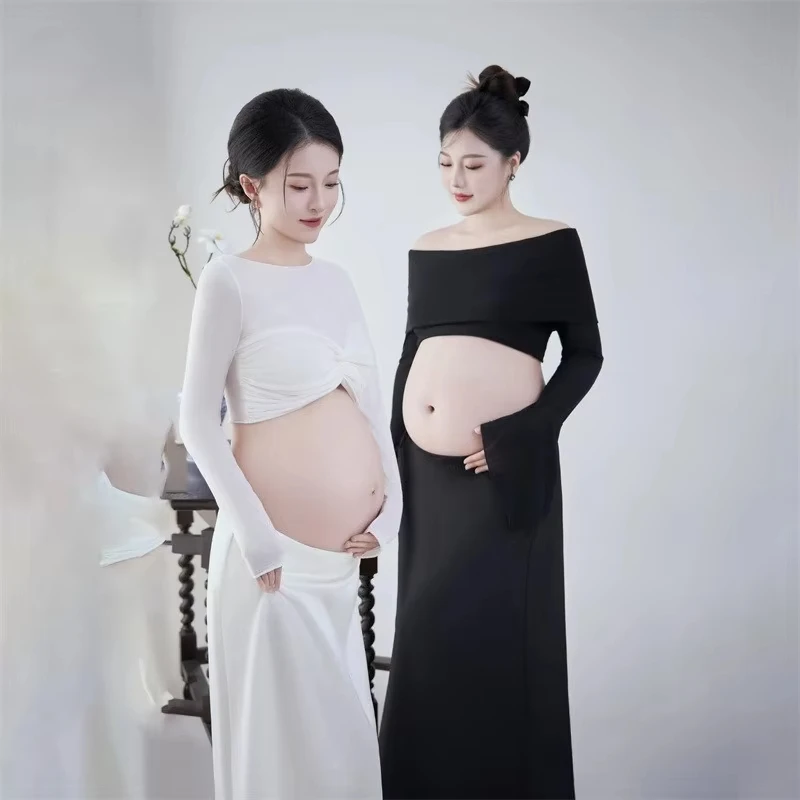 Women Maternity Dresses for Studio Photoshoot Black and White Off-shoulder Top with Skirt 2pcs Set for Pregnancy Photography