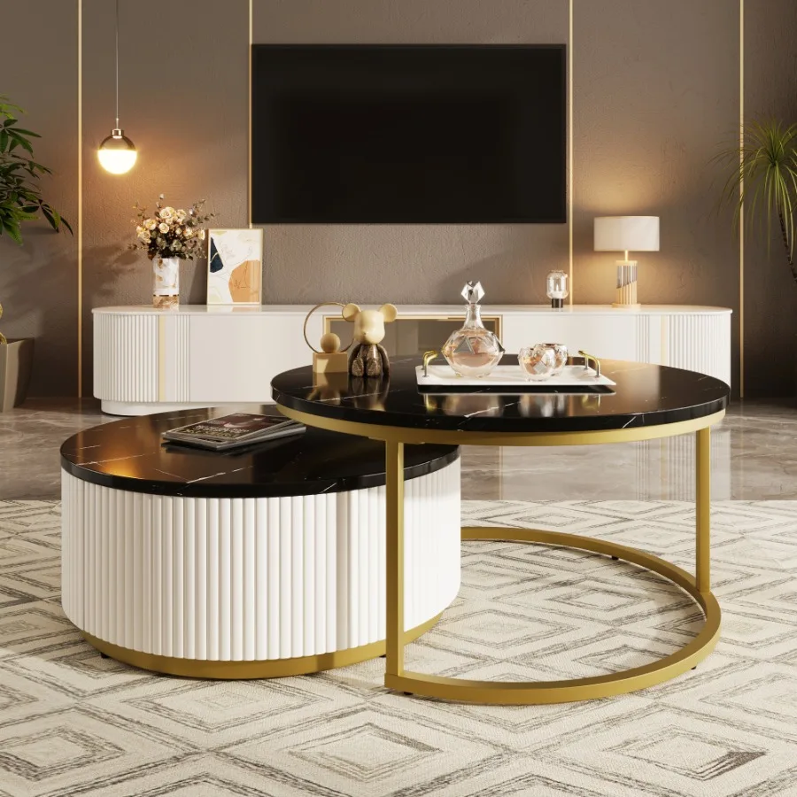 Modern Round Nesting Coffee Table Fluted with Drawer in Black & Gold in 31.5''  WL image 5