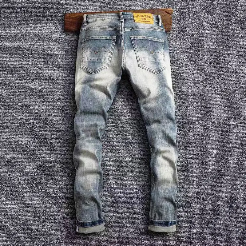 Newly Designer Fashion Men Jeans High Quality Retro Blue Stretch Elastic Slim Fit Ripped Jeans Men Vintage Denim Pants Hombre