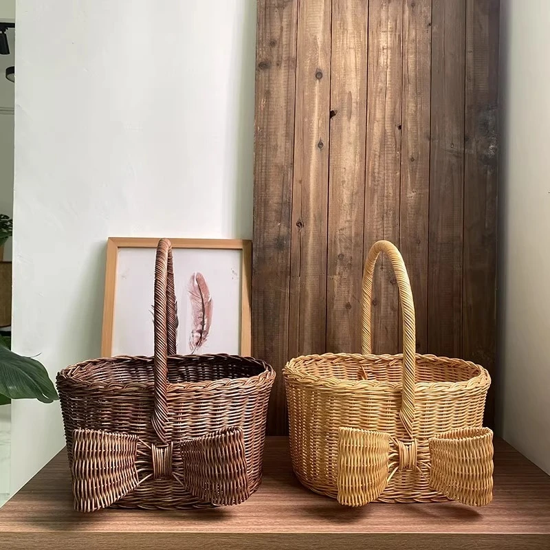 

Bowknot Rattan Basket with Handles Woven Picnic Fruit Basket Farmhouse Vegetable Gathering Tote Rustic Market Shopping Baskets