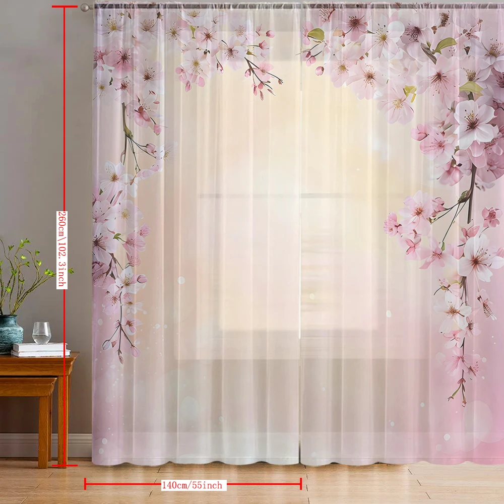 2PCS Home decoration peach blossom pink printed window screens with pole bags, suitable for kitchens, cafes, and living rooms
