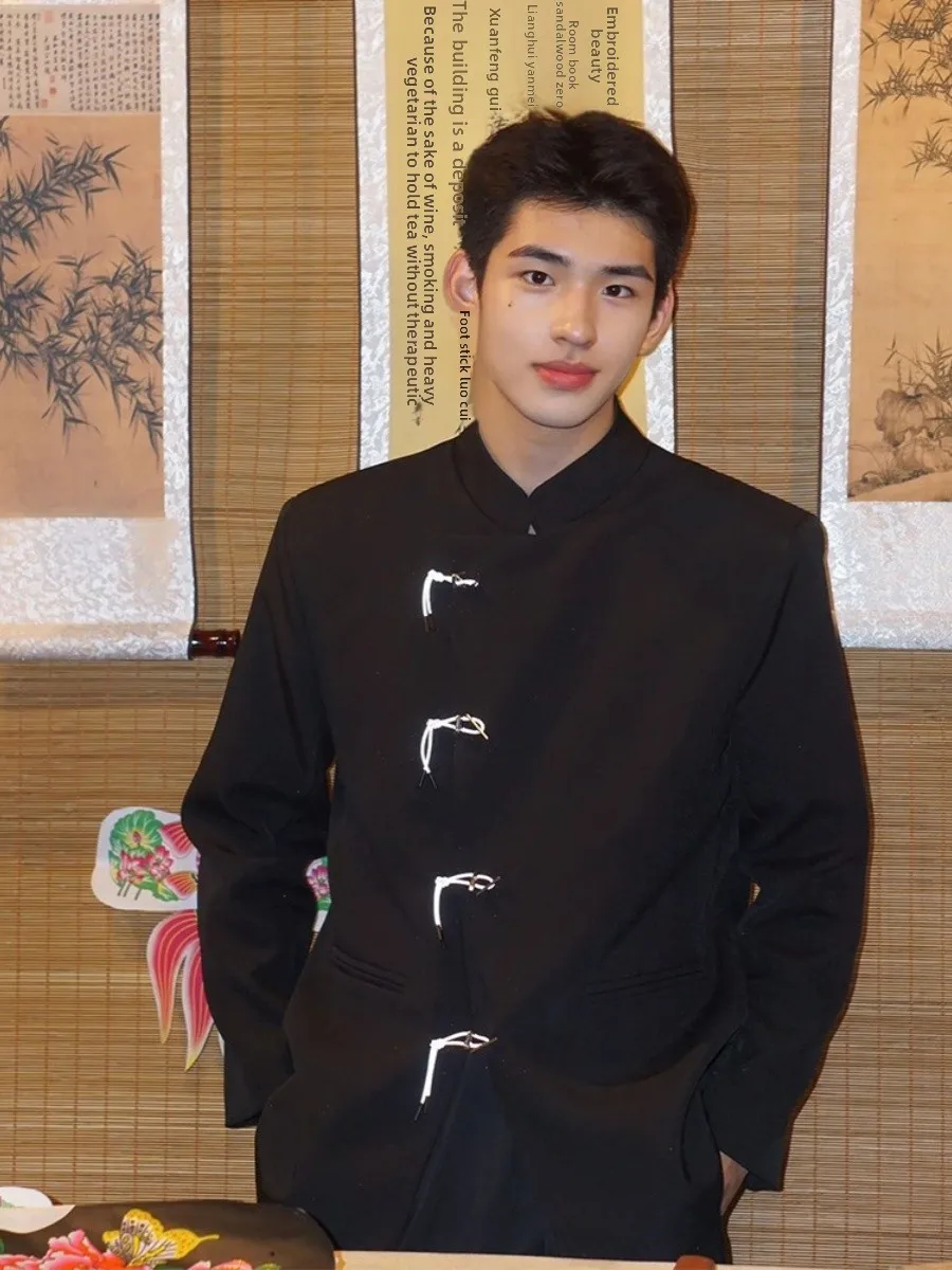 

Новый китайский мужской костюм Jaet, весенне-осенний свадебный костюм для молодых взрослых, повседневный свободный крой, с металлическим декором, без глажки