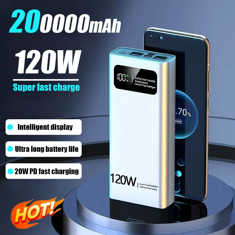 200000mAh Power Bank 120W Super Fast Charging Battery High Capacity Digital Display Power Bank For Xiaomi Iphone Samsung  Huawei