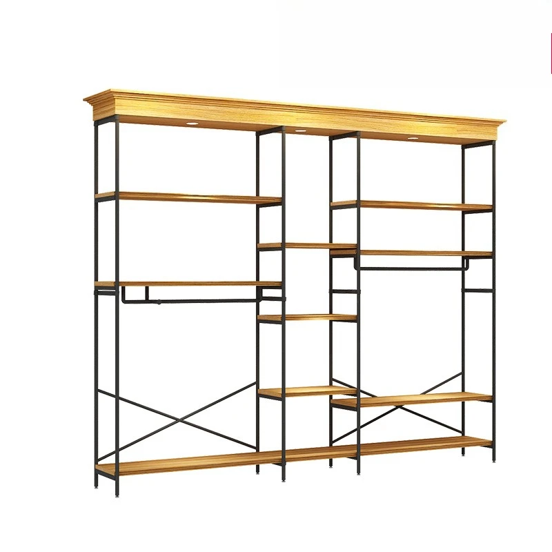 

Clothing store display rack Floor-to-ceiling solid wood hanger on wall with lamp, middle island rack, pants display , men's