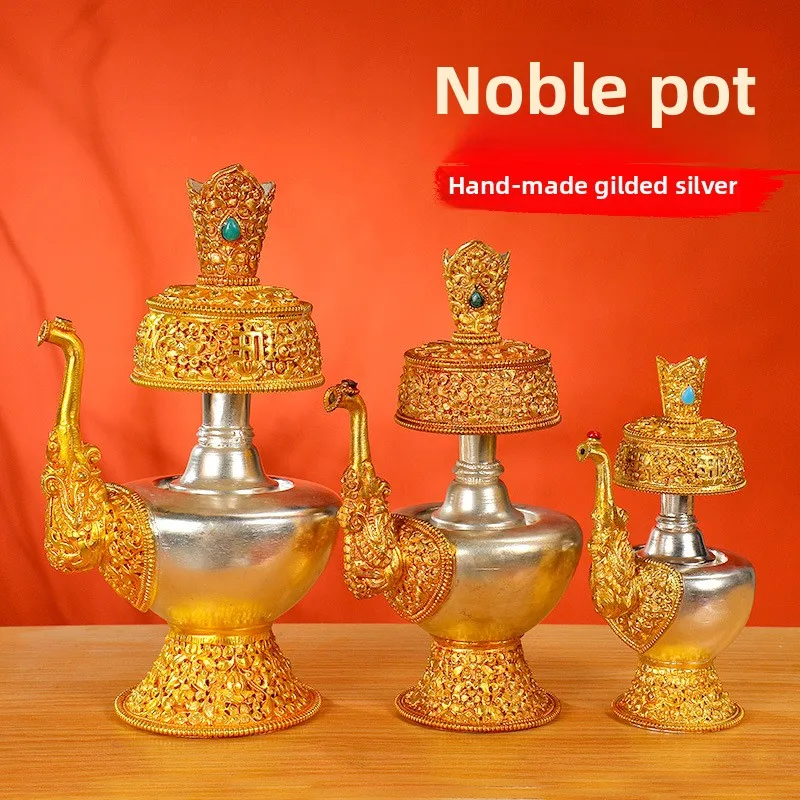 

Tibetan Nepalese Handmade Gilded Silver Benba Pot with Eight Auspicious Patterns Home Decor Vase