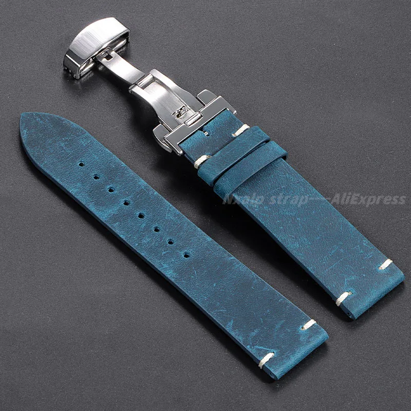 Handmade Stitching Cowhide Watch Band 18/20/21/22/24mm Oil Wax Vintage Leather Strap for Omega for Seiko Band Butterfly Buckle