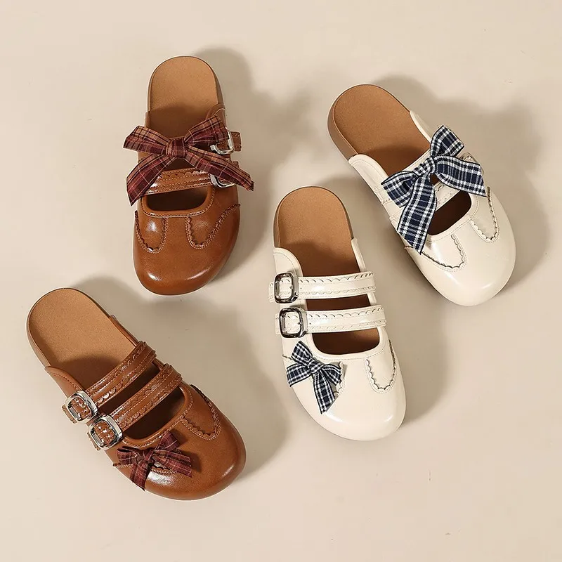 Geschnitzte Schleifen-Flachschuhe für Damen 2026 – Neue vielseitige Retro-Baotou-Halbslipper für den Sommer