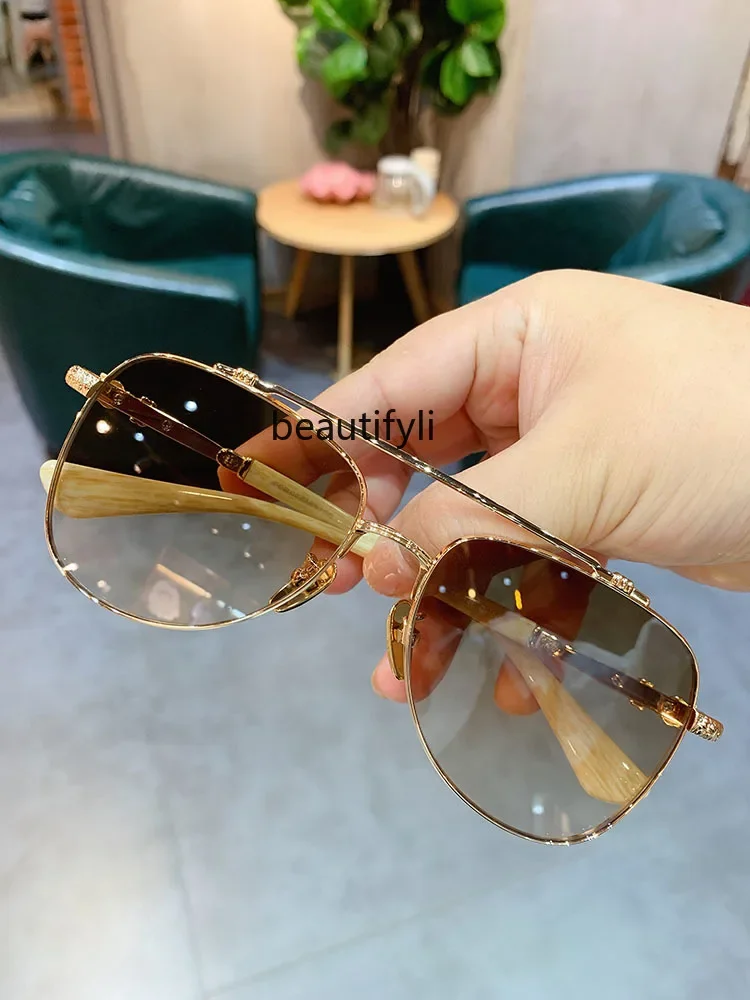 Sunglasses men's and women's retro double beam big face round face driving, sunglasses fishing driving glasses toad glasses