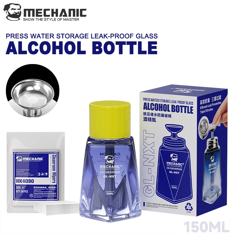 

MECHANIC 50 шт. безворсовых салфеток + GL-NXT 150 мл стеклянная бутылка для спирта с нажимным дозатором, герметичная, с большим водосборным поддоном, микропористая фильтрация