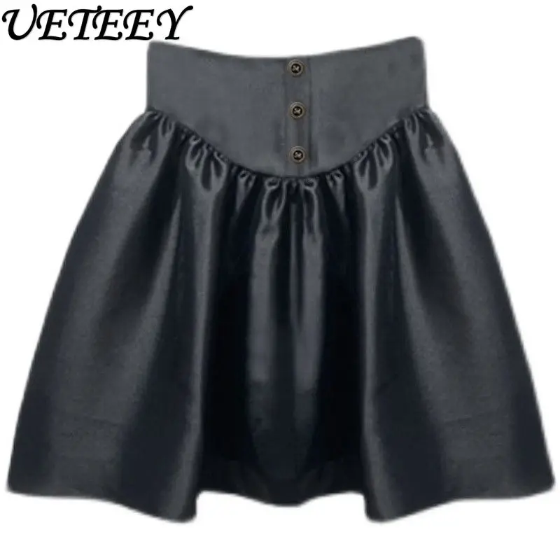 

Summer New Black Puffy Short Skirt for Women French Style Age-Reducing Hepburn Style Button High Waist A-Line Mini Skirts