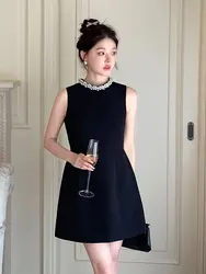 Korea Retro Black Mini Dress Vintage Pearl Beading Sleeveless A Line Dress Sundress Princess Elegant Office Lady Party Vestido