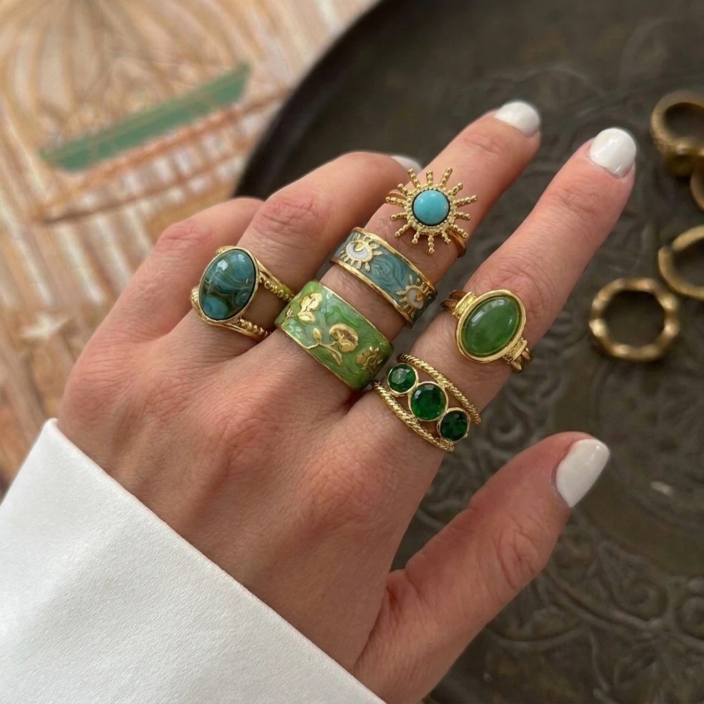 Stainless Steel Green Gemstone Open Geometric Ring for Women Sun Star Moon Drop Oil Index Finger Ring Stackable Jewelry